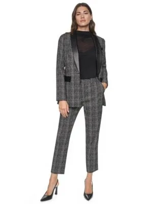 Downtown Plaid Padded Shoulder Blazer Downtown Plaid Faux Leather Trim Ankle Pants by DKNY
