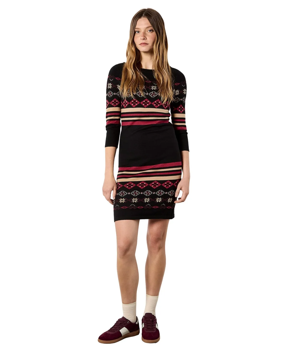 Folk Ornament Crewneck 3/4 Sleeve Sweater Dress by Apricot