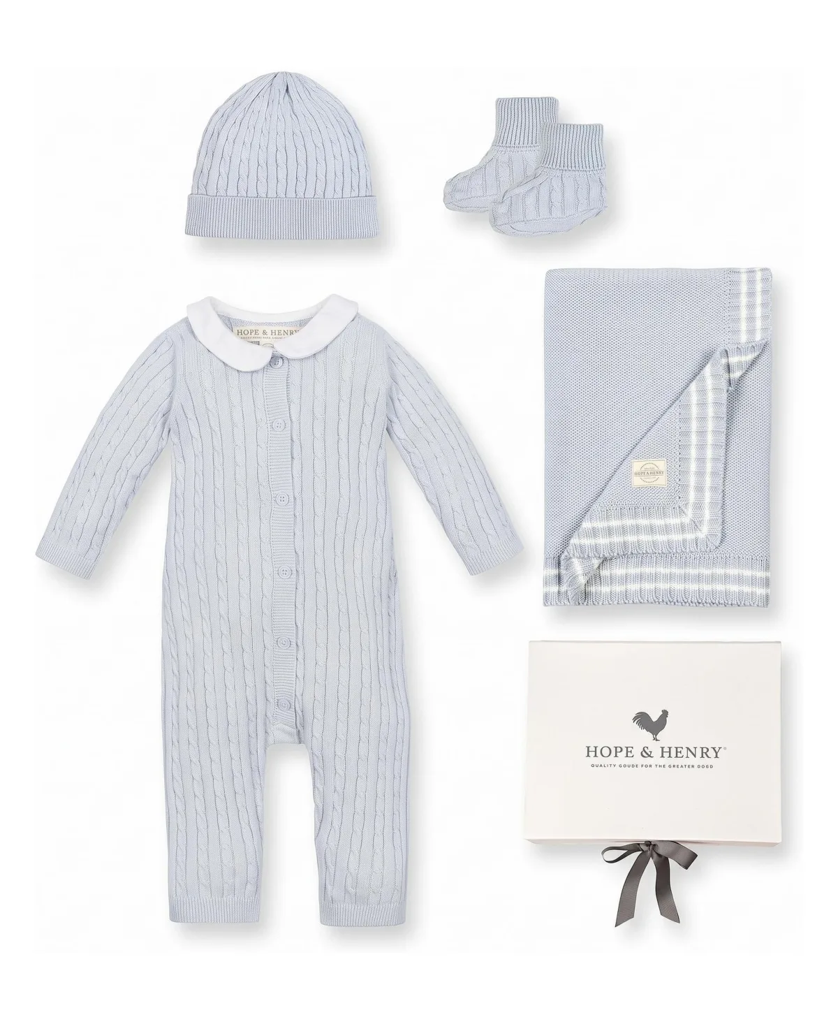 Organic Cotton Cable-Knit Peter Pan Collar Romper, Blanket, Beanie, and Booties, 4-Piece Set by Hope & Henry