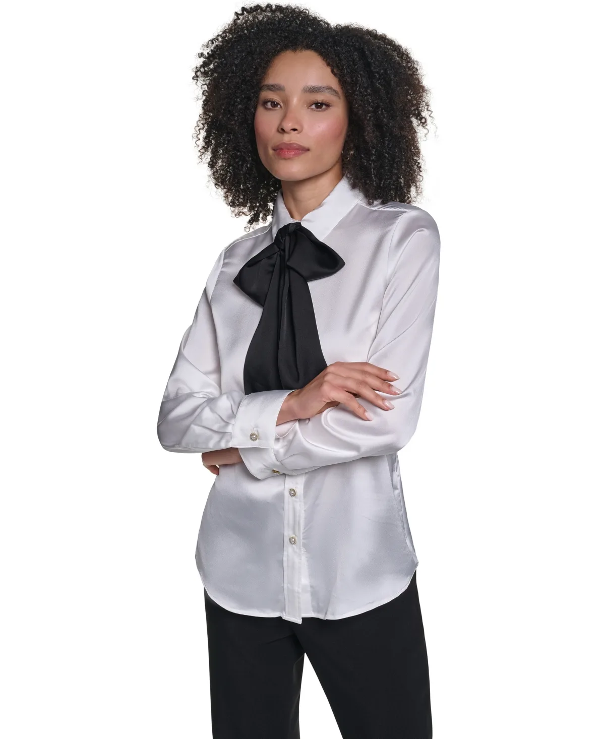 Long-Sleeve Satin Button-Up Blouse