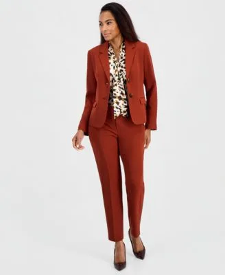 Tie Neck Satin Animal Print Blouse Mid Rise Straight Leg Stretch Crepe Pants Two Button Blazer by Kasper