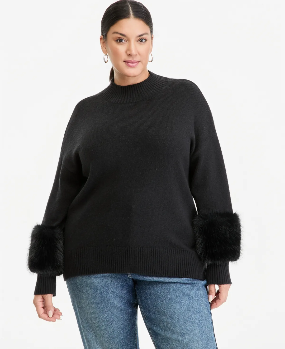 Mock Neck Long-Sleeve Faux-Fur Trim Pullover Sweater by INC International Concepts