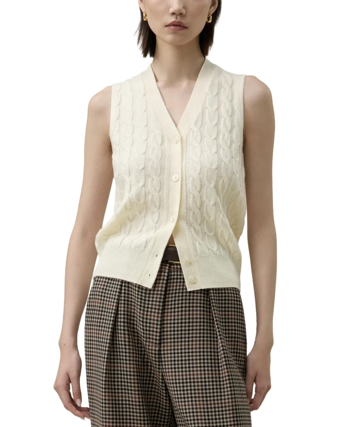 Cable-Knit V-Neck Merino Wool Vest by Lilysilk