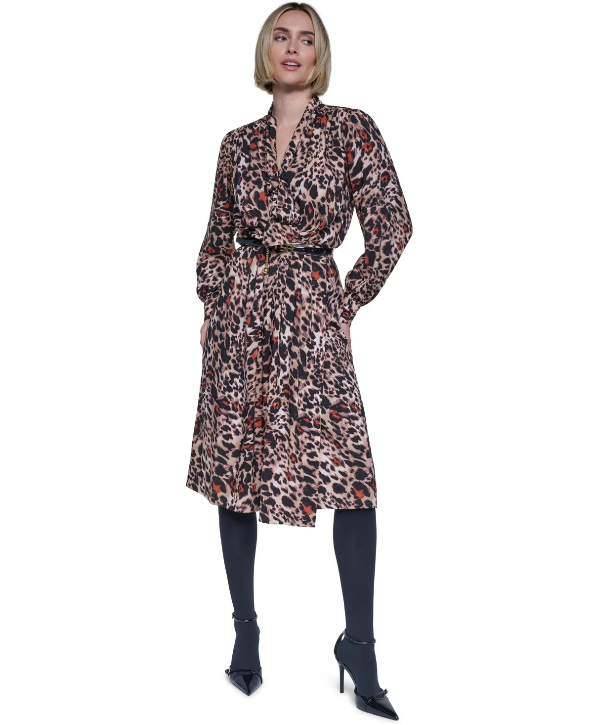 Bow Leopard-Print Long-Sleeve V-Neck Wrap Dress by Sonia Rykiel