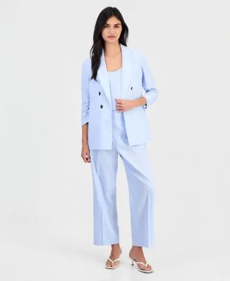 Linen Blend Scrunch Sleeve Blazer Scoop Neck Camisole Pull on Pants