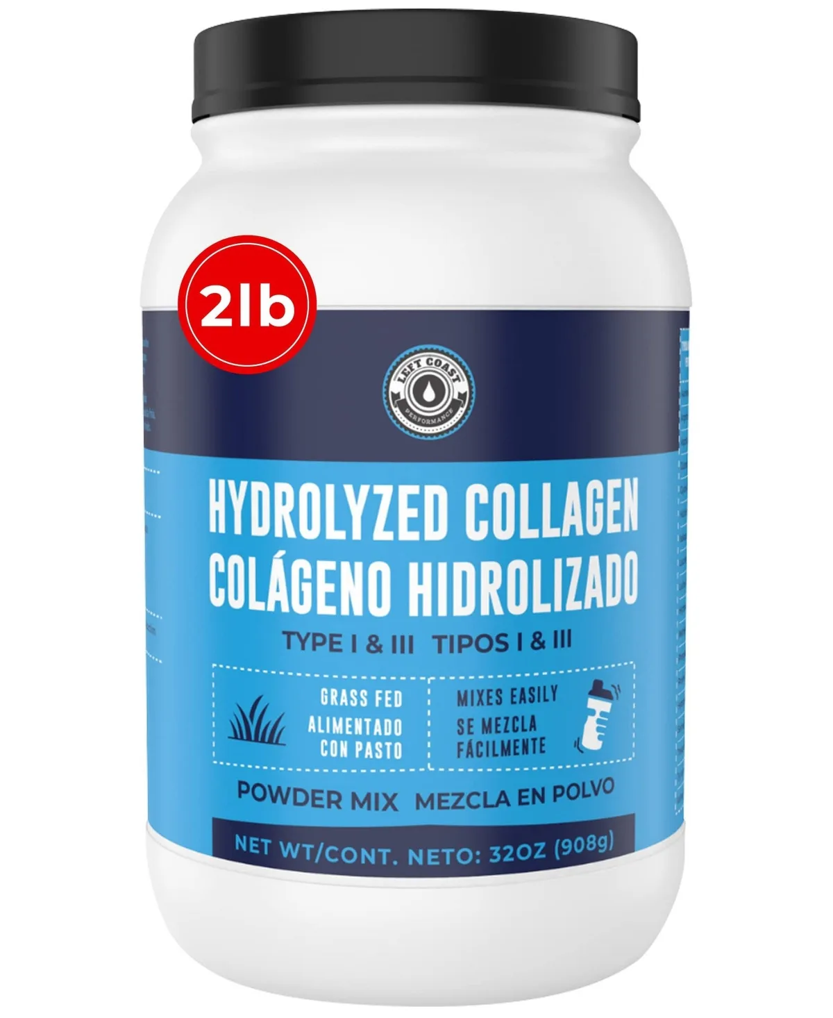 Hydrolyzed Collagen Peptides Powder, Type I and III, Unflavored, 2 Pound by Left Coast Performance