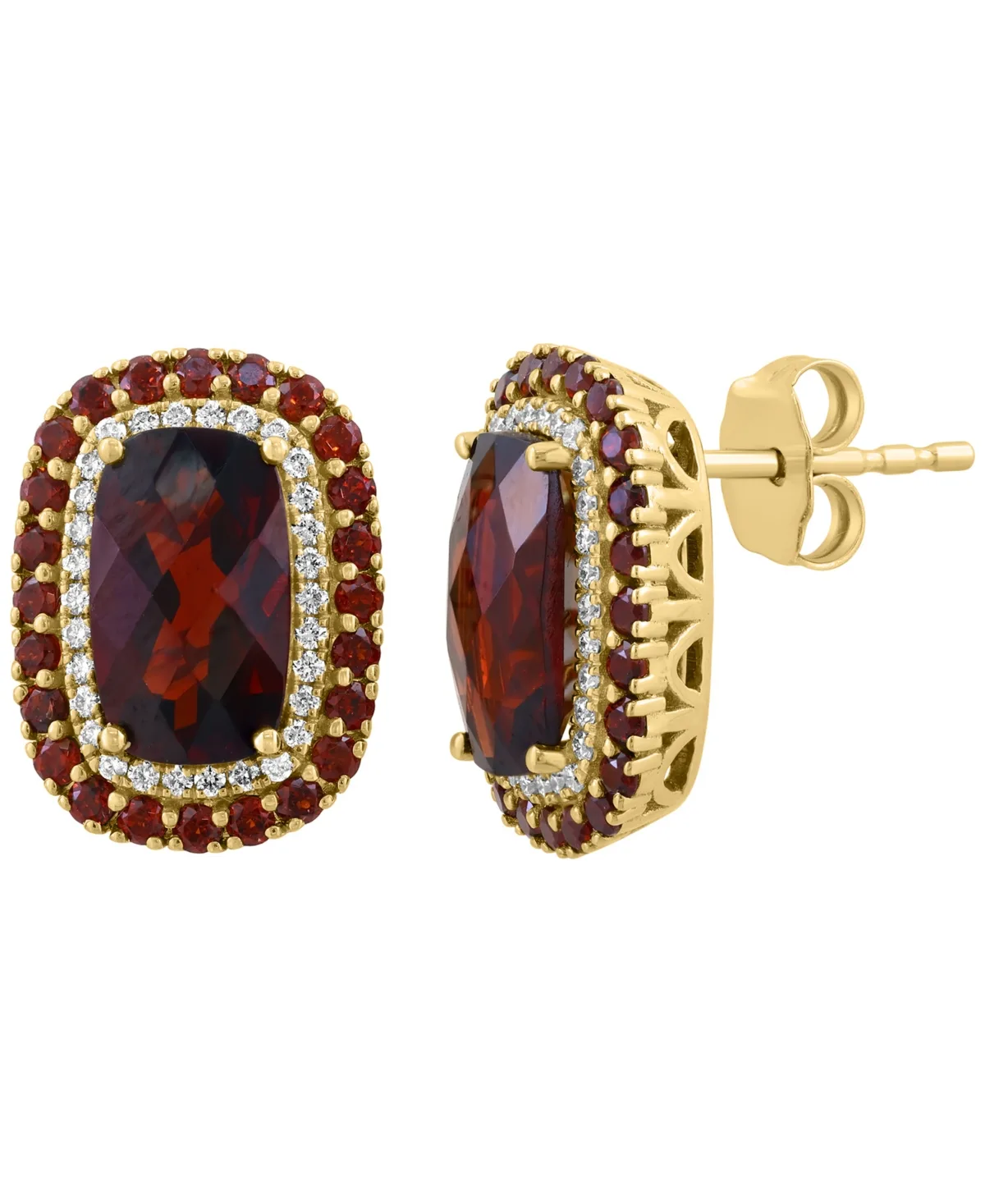 Cushion-Cut Garnet and Diamond Stud Earrings (5-3/8 ct. t.w. Garnet, 1/4 ct. t.w. Diamond) in 14k Yellow Gold