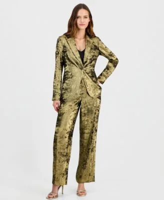 Metallic Foil Crepe Notched Collar Blazer High Rise Wide Leg Pants by Anne Klein