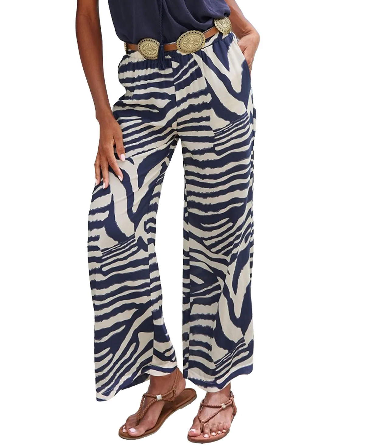 Wide-Leg Zebra-Print Pull-On Pants