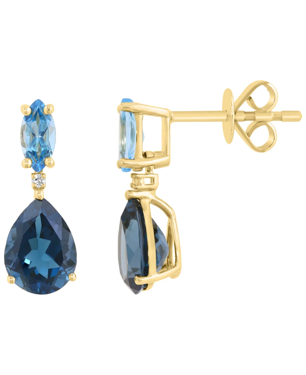 Diamond Accent and Blue and London Blue Topaz Earrings (0.01 ct. t.w. and 3-3/8 ct. t.w.) in 14k Yellow Gold
