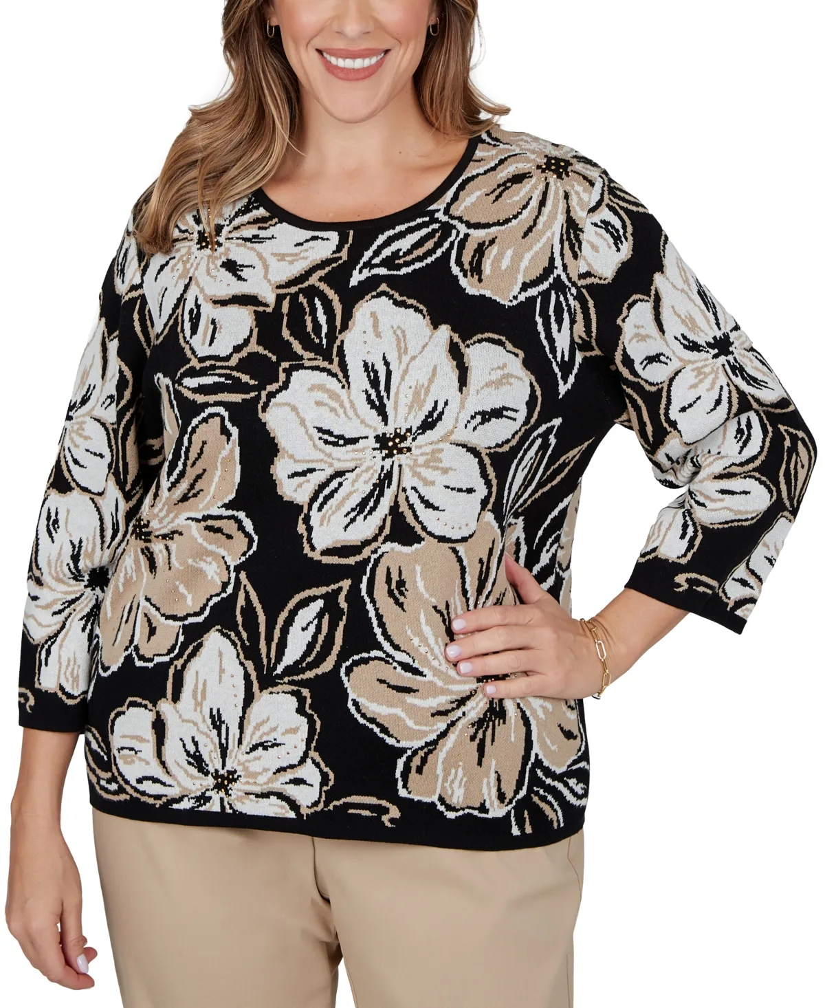 Crewneck 3/4-Sleeve Pullover Sweater