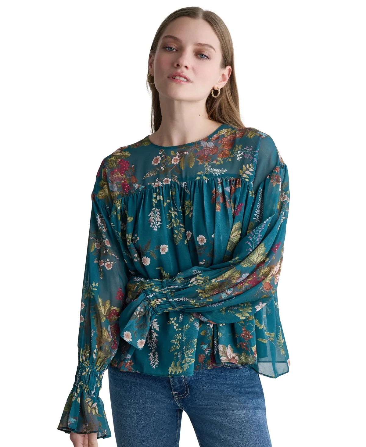 Drop-Shoulder Chiffon Crew Neck Long Sleeve Blouse