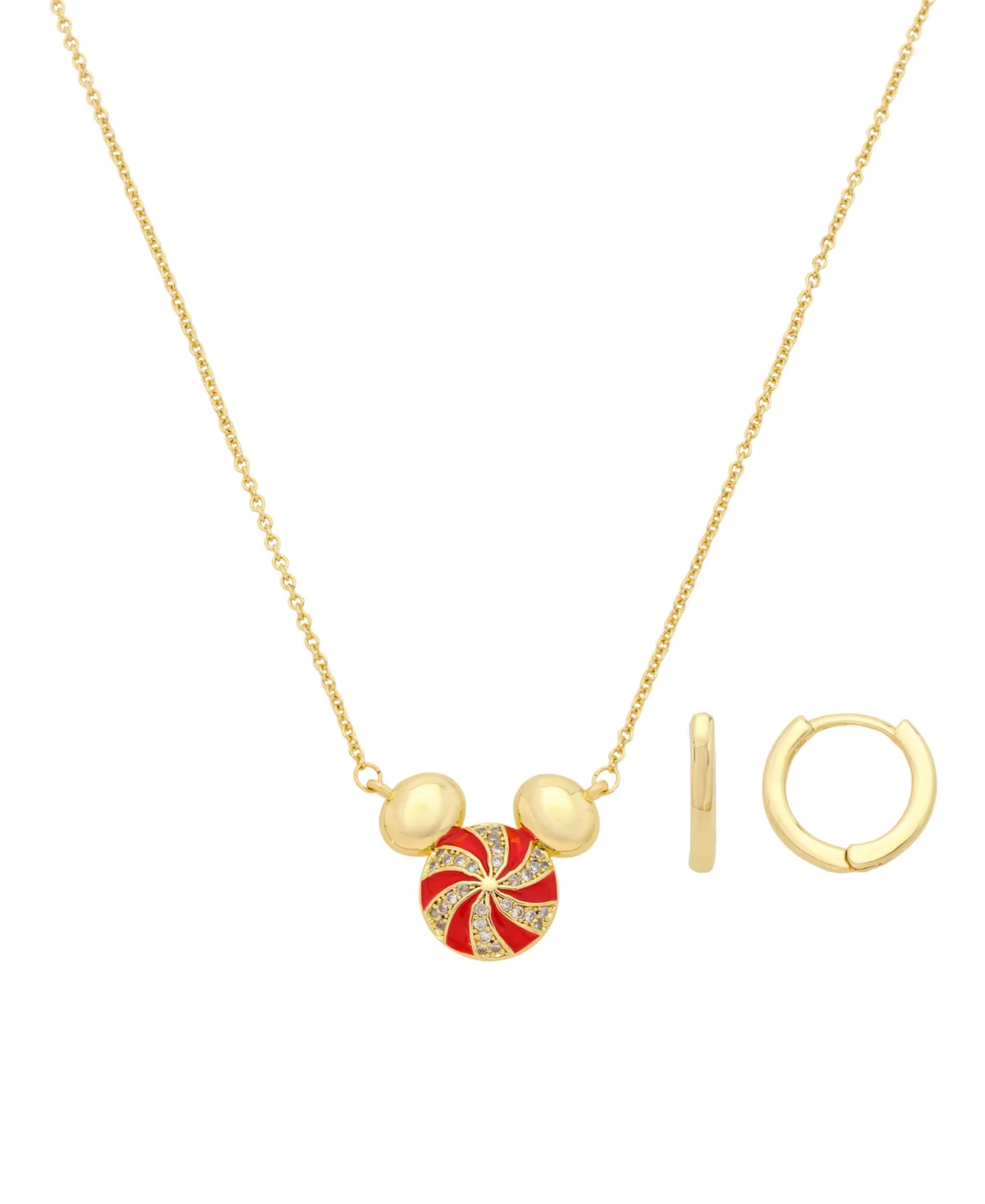 Cubic Zirconia Gold-Tone Mickey Peppermint Huggie Hoop Pendant Necklace and Earrings Set by Disney