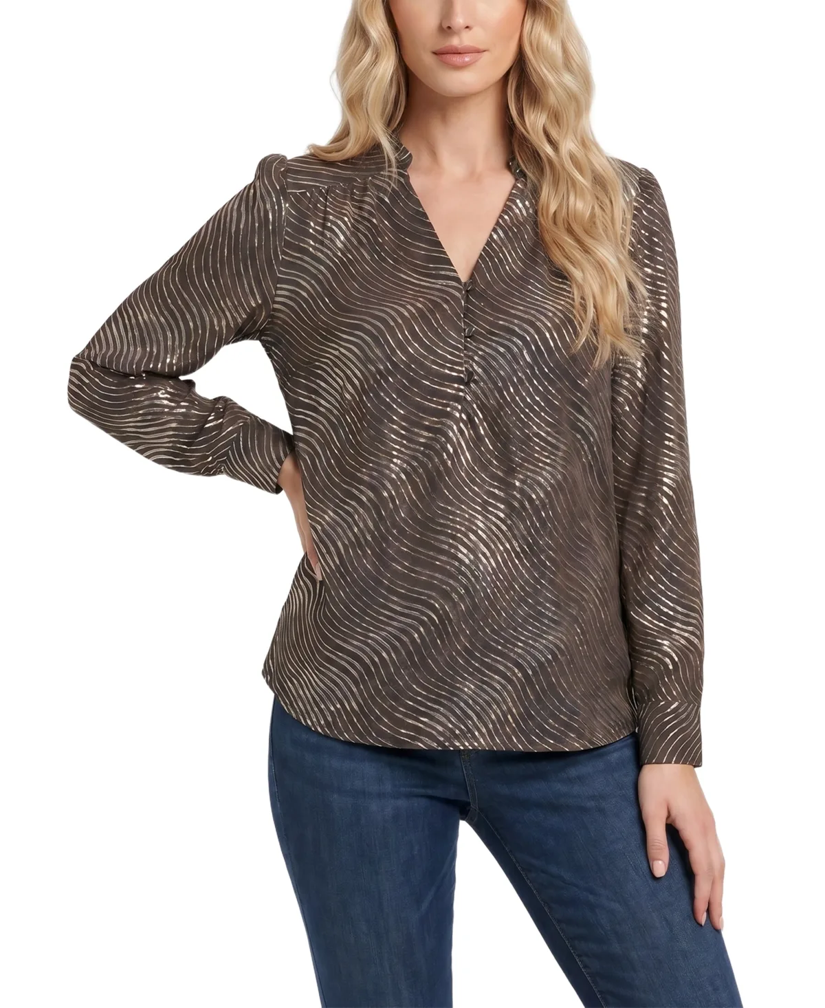 Metallic Ruched-Shoulder Long-Sleeve V-Neck Blouse