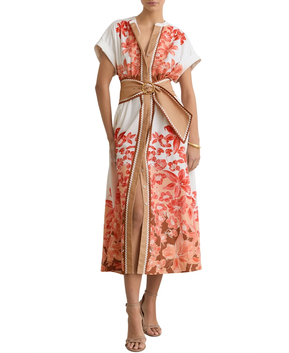 Cotton Floral Belted with Stretch Midi Dress by Reiss