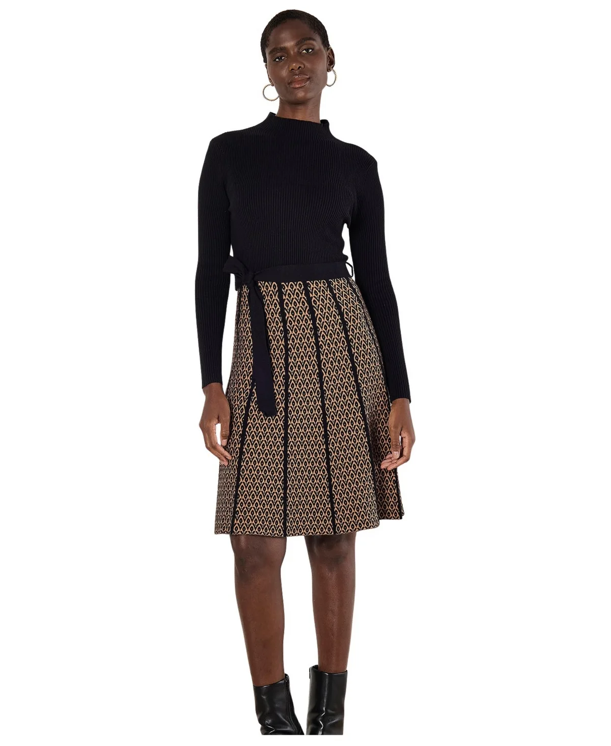 Ribbed-Knit Mock-Neck Geometric Skirt Dress by Apricot