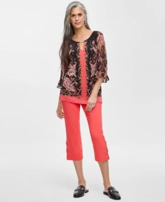 Printed Ruffle Chiffon Sleeve Top Capri Pants by JM Collection