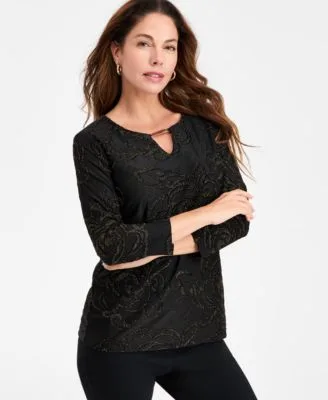 Floral Shine Keyhole Jacquard Top by JM Collection