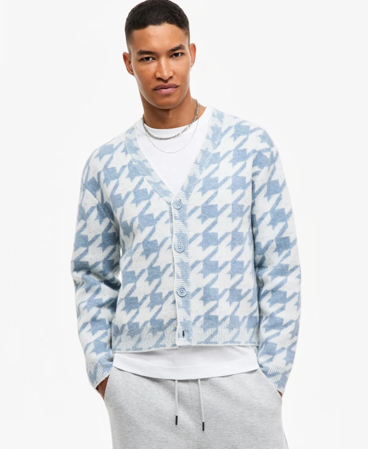 Houndstooth V-Neck Relaxed-Fit Cardigan Sweater by Mode of One