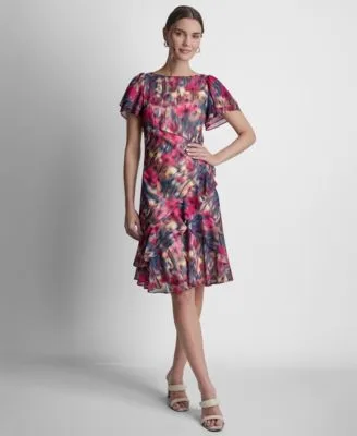 Double Flutter Short Sleeve Ruffle Hem Dress by DKNY