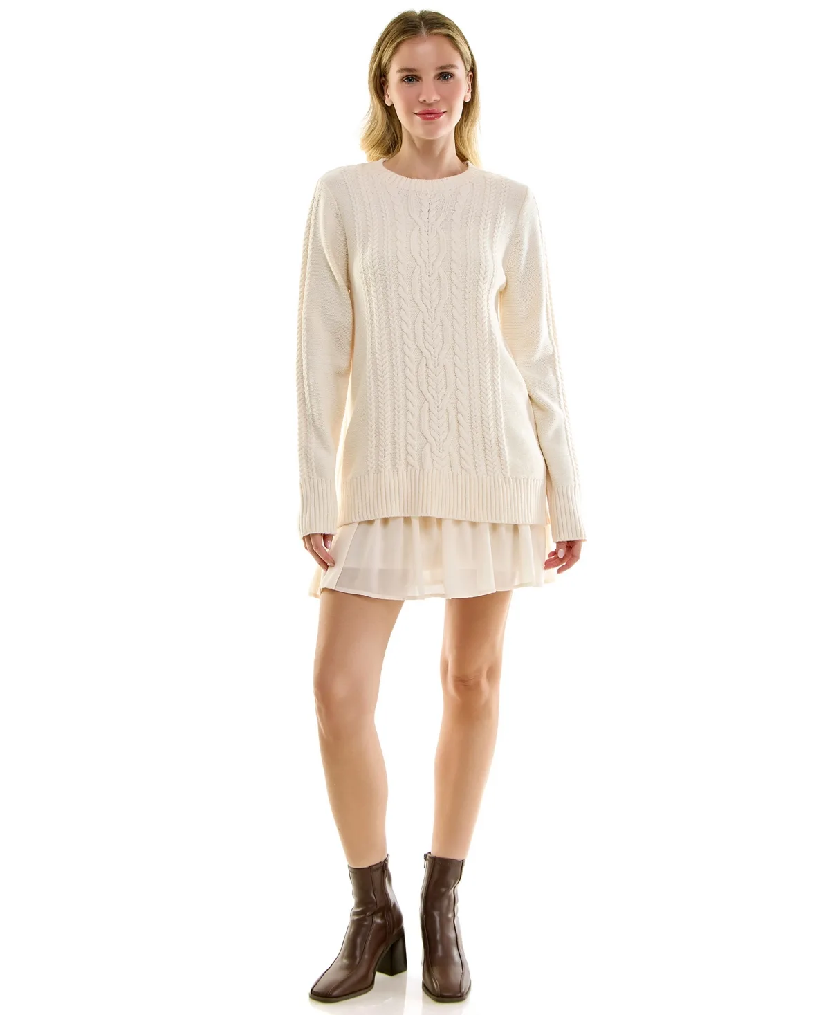 Cable-Knit Long-Sleeve Crewneck Sweater Dress by Crystal Doll