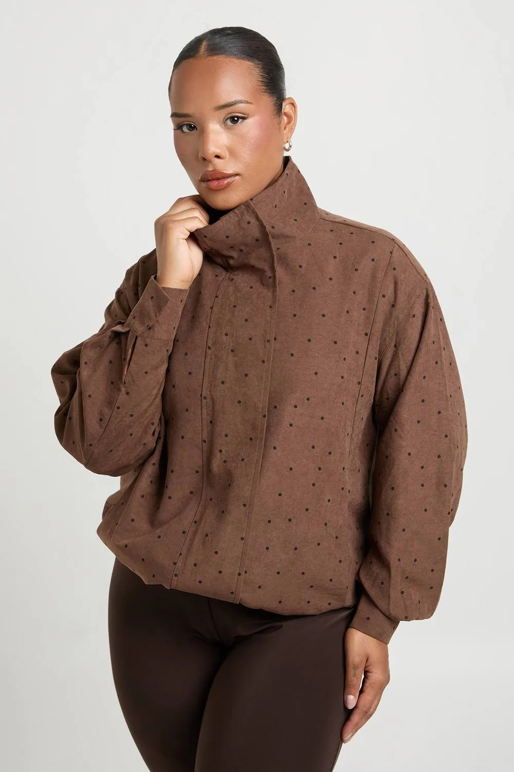 Peached Polka Funnel Neck Zip Through Shirt by boohoo
