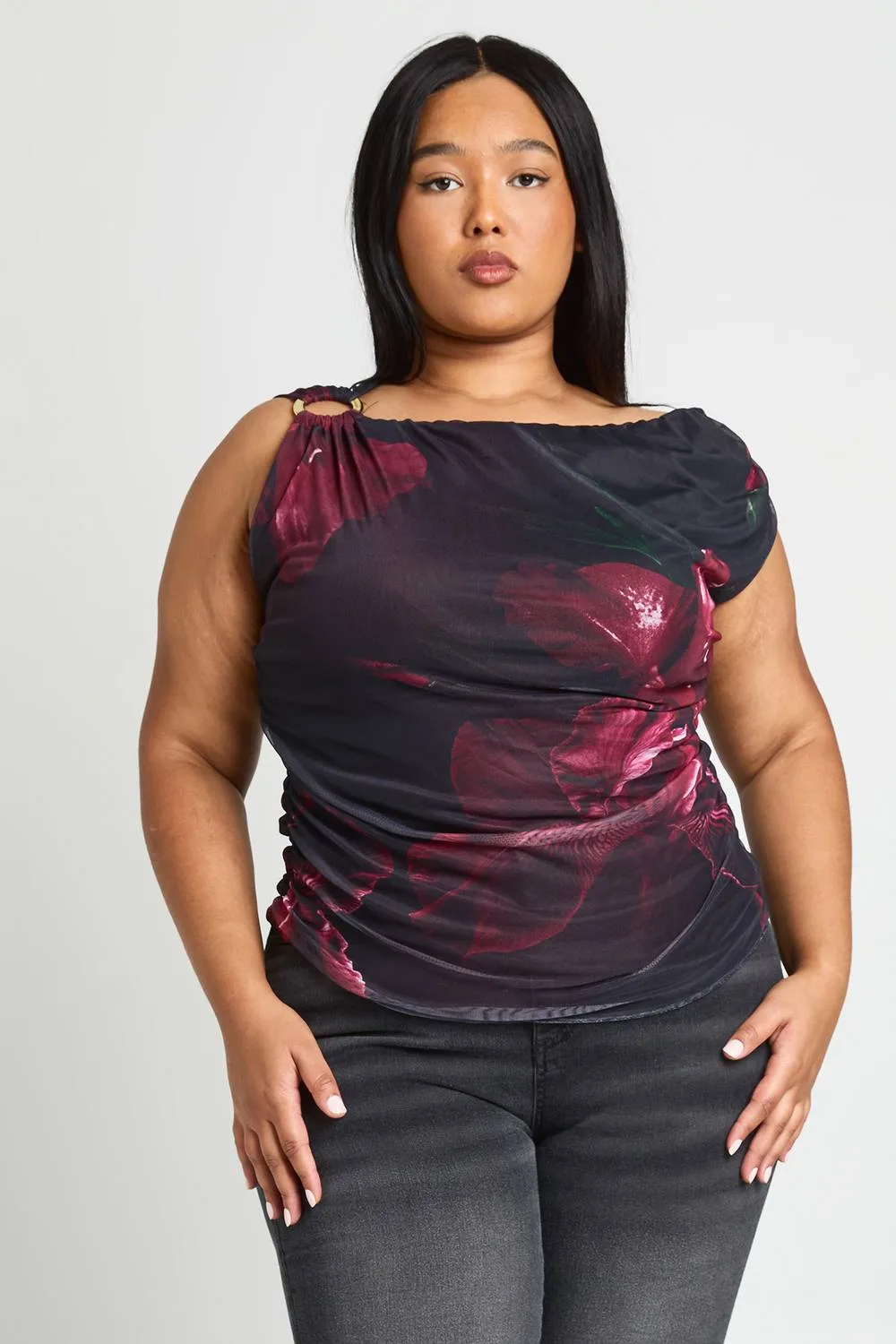 Blurred Floral Asymmetric Ruched Top by boohoo
