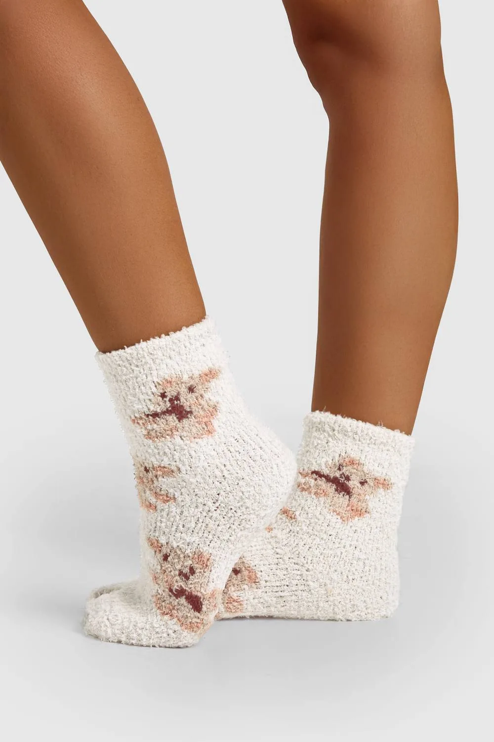 Teddy Bear Print Fluffy Socks by boohoo