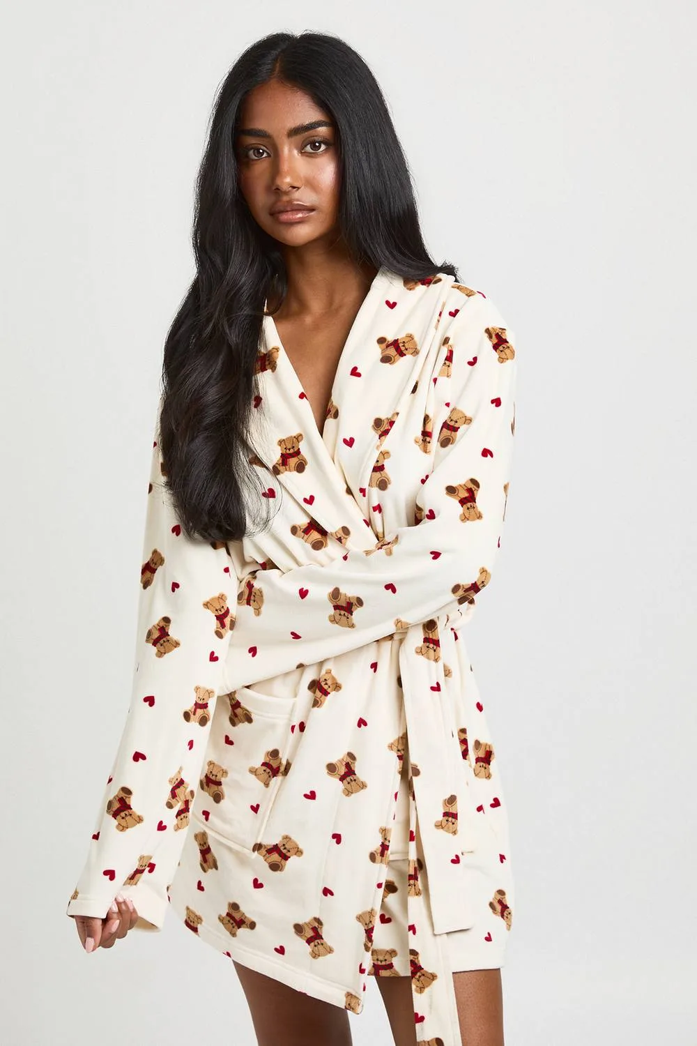 Heart & Bear Print Fleece Mini Dressing Gown by boohoo