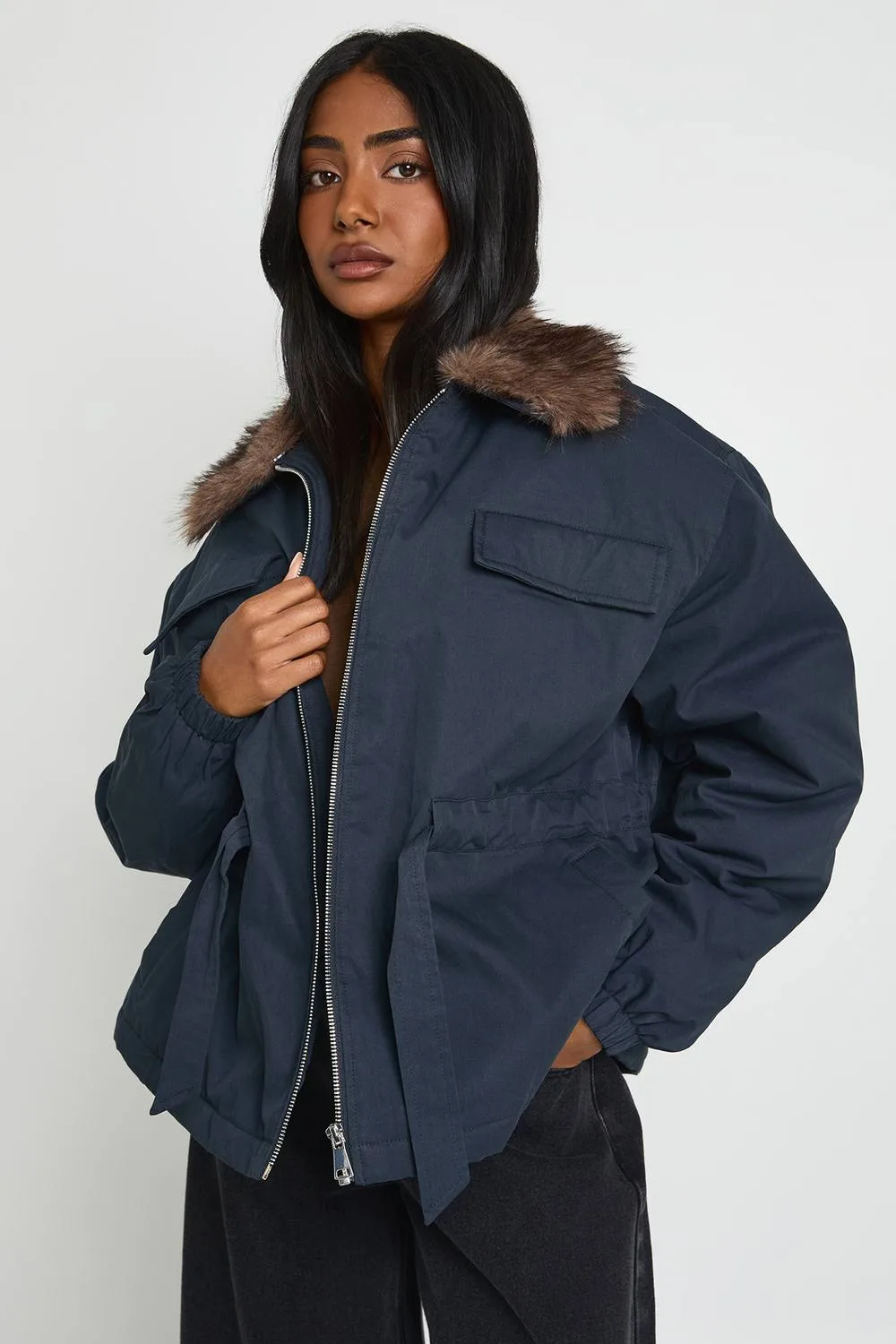 Faux Fur Trim Cinched Waist Parka by boohoo