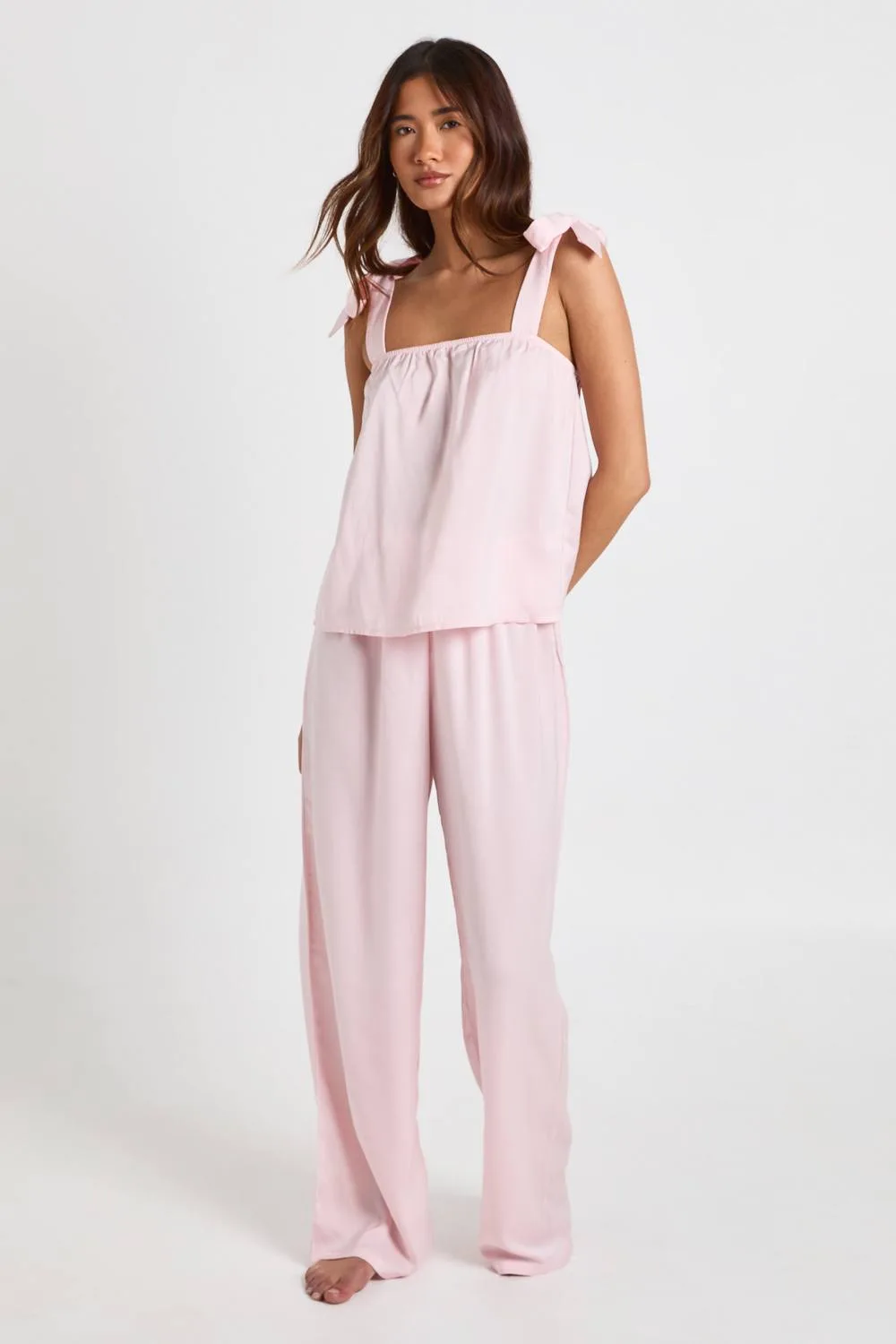 Satin Tie Strap Cami & Trouser Pj Set by boohoo