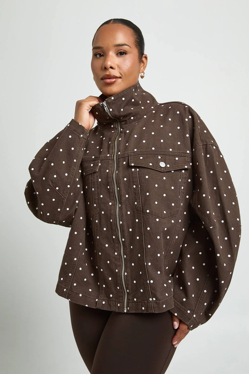 Funnel Neck Polka Dot Print Denim Jacket by boohoo