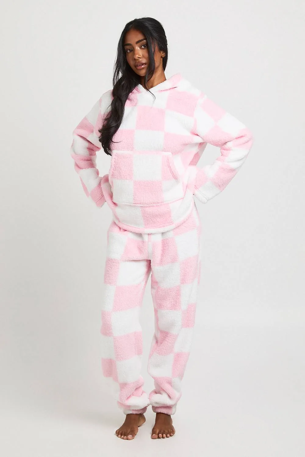 Checkerboard Print Fleece Hoody & Joggers Lounge Set by boohoo