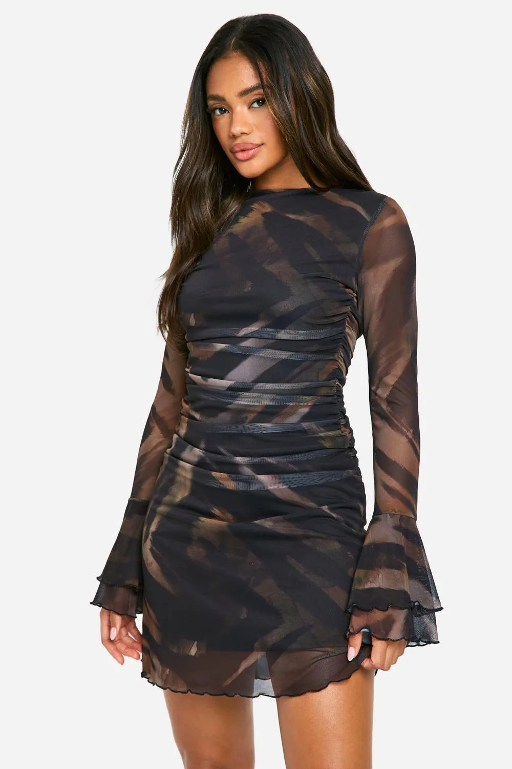 Printed Mesh Flare Sleeve Mini Dress by boohoo
