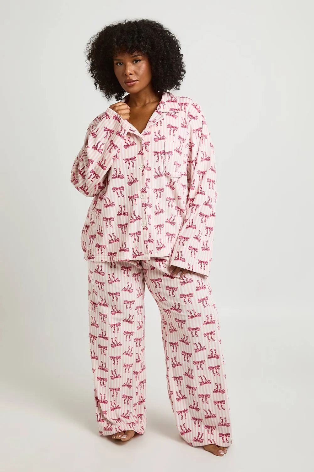 Pinstripe Bow Print Fleece Long Sleeve Shirt & Trouser Pyjama Set by boohoo