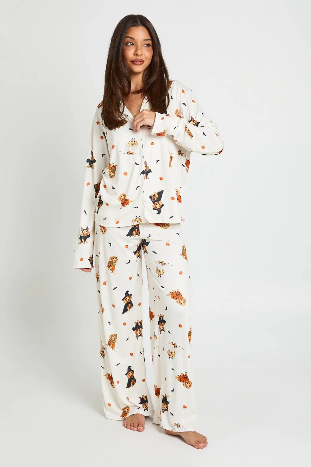 Halloween Dog Print Long Sleeve Shirt & Trouser Pyjama Set by boohoo