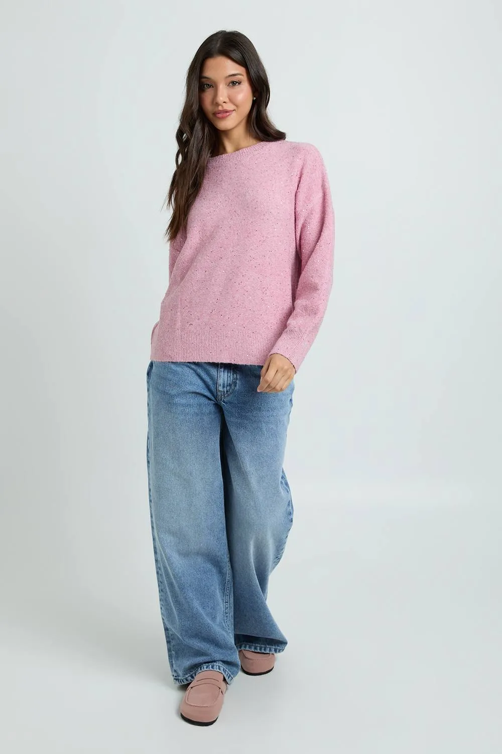 Sequin Knit Crew Neck Jumper by boohoo