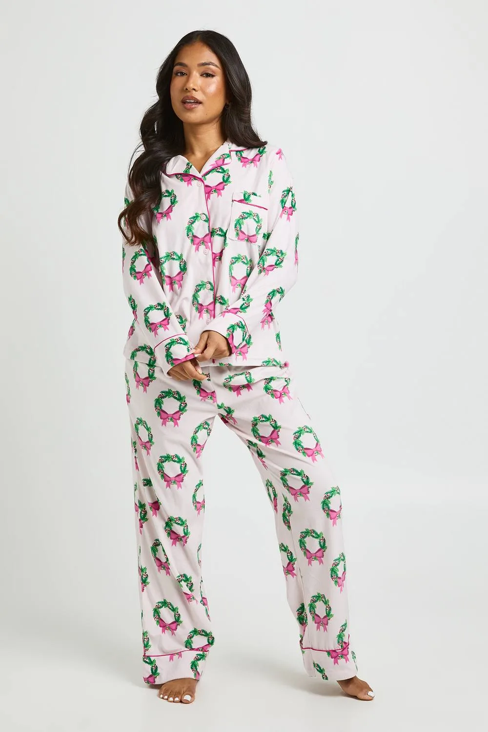 Super Soft Wreath Print Long Sleeve Shirt & Trousers Pyjama Set by boohoo