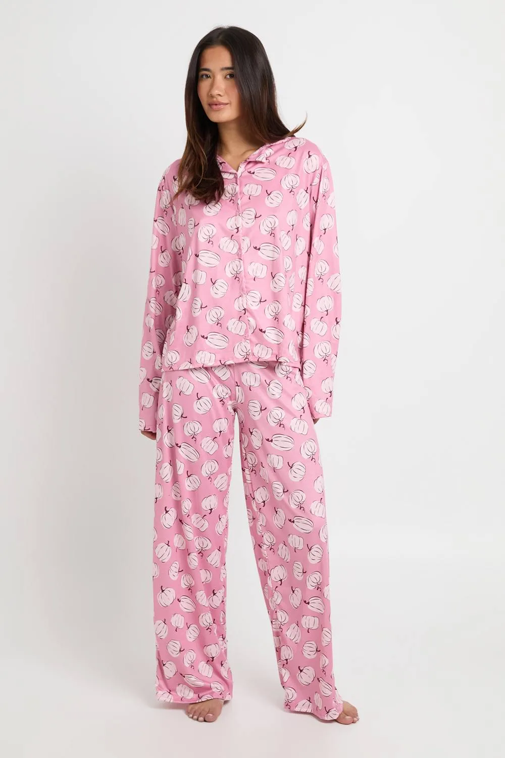 Pumpkin Print Long Sleeve Shirt & Trouser Pyjama Set by boohoo