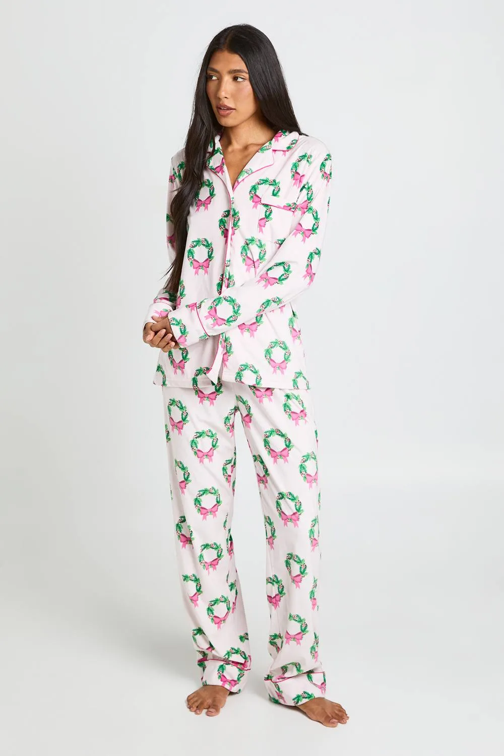 Tall Super Soft Wreath Print Long Sleeve Top & Trousers Pyjama Set by boohoo