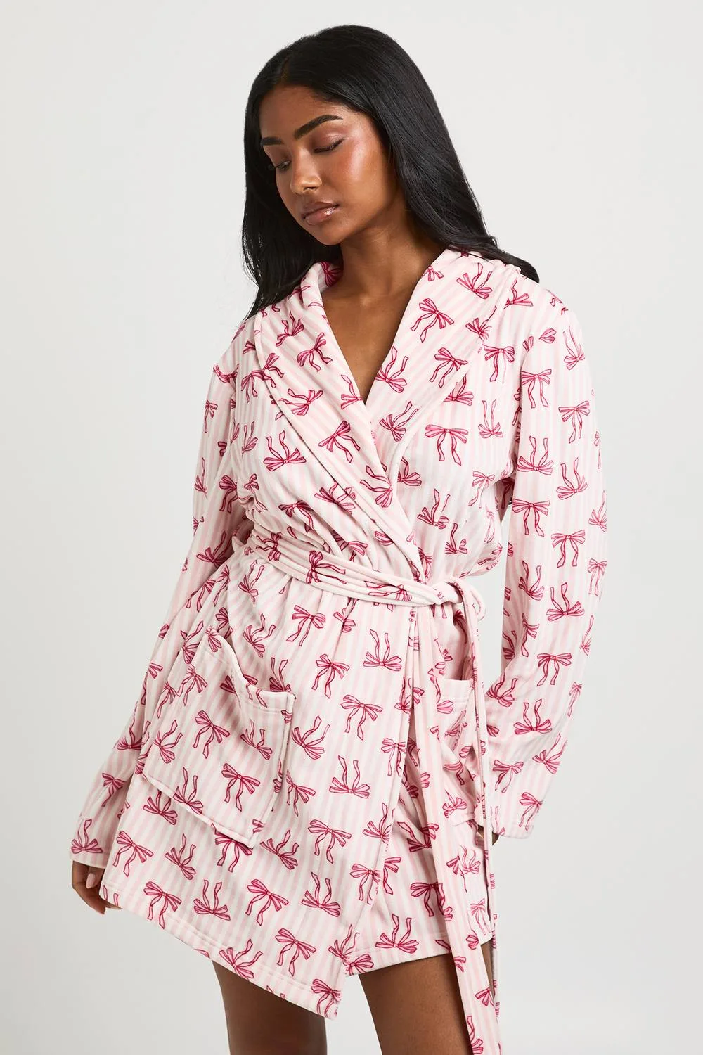 Pinstripe Bow Print Fleece Mini Dressing Gown by boohoo