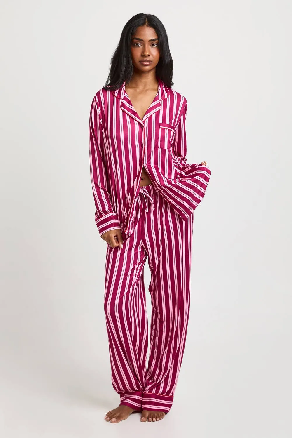 Super Soft Striped Long Sleeve Shirt & Trousers Pyjama Set by boohoo