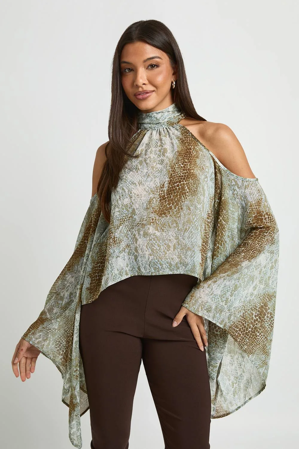 Snake Print Halter Neck Cold Shoulder Top by boohoo
