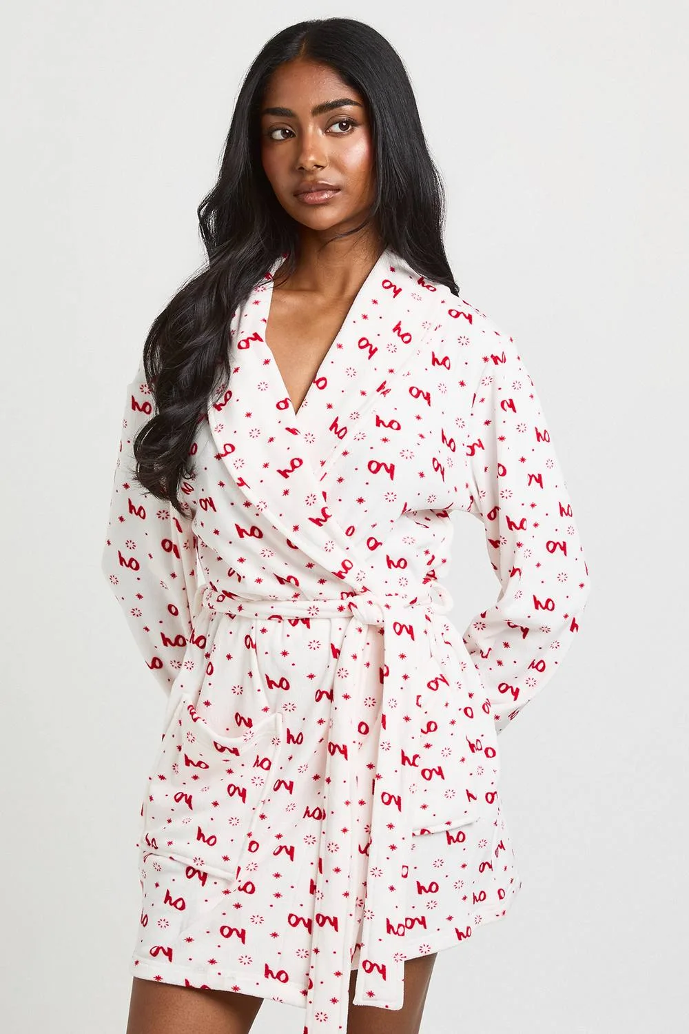 Christmas Print Fleece Mini Dressing Gown by boohoo