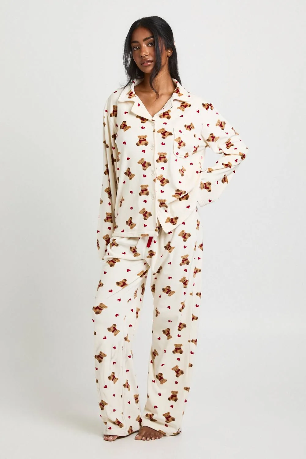 Heart & Bear Print Fleece Long Sleeve Shirt & Trouser Pyjama Set by boohoo