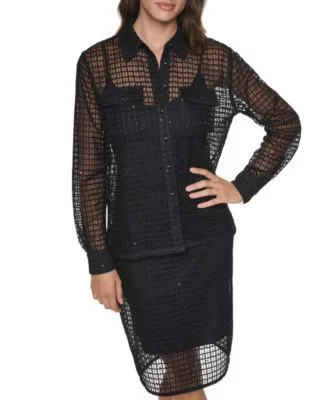 Sequin Mesh Point Collar Long Sleeve Blouse Sequin High Waisted Midi Skirt by DKNY