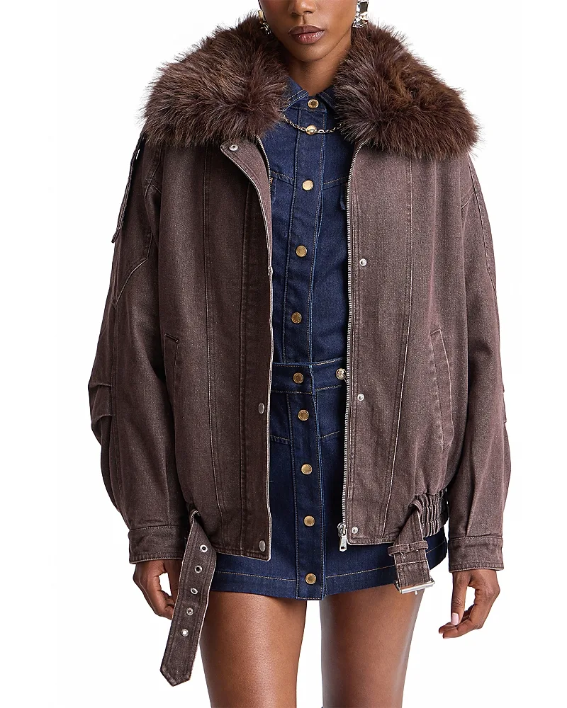 Faux Fur Collar Cotton Blend Bomber Jacket
