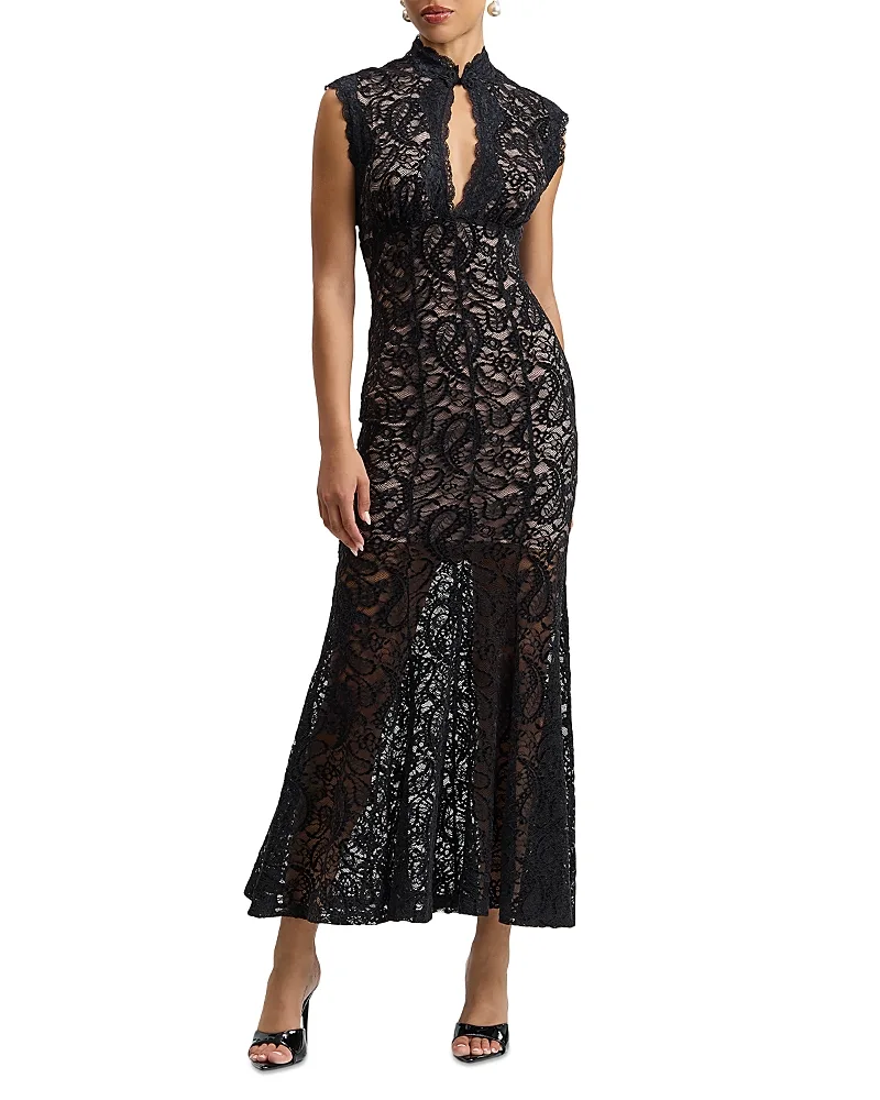 Lace Mandarin Collar Keyhole Maxi Dress