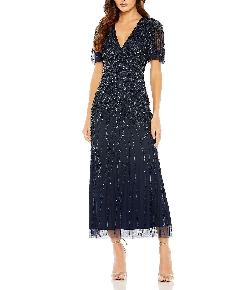 Mac Duggal Beaded Wrap Over Butterfly Sleeve Column Dress