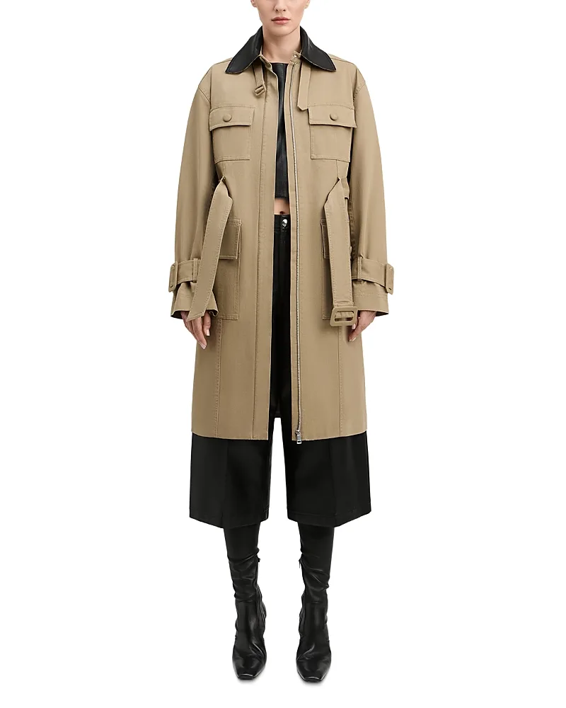 Landon Stretch Canvas Leather Collar Trench Coat by Derek Lam